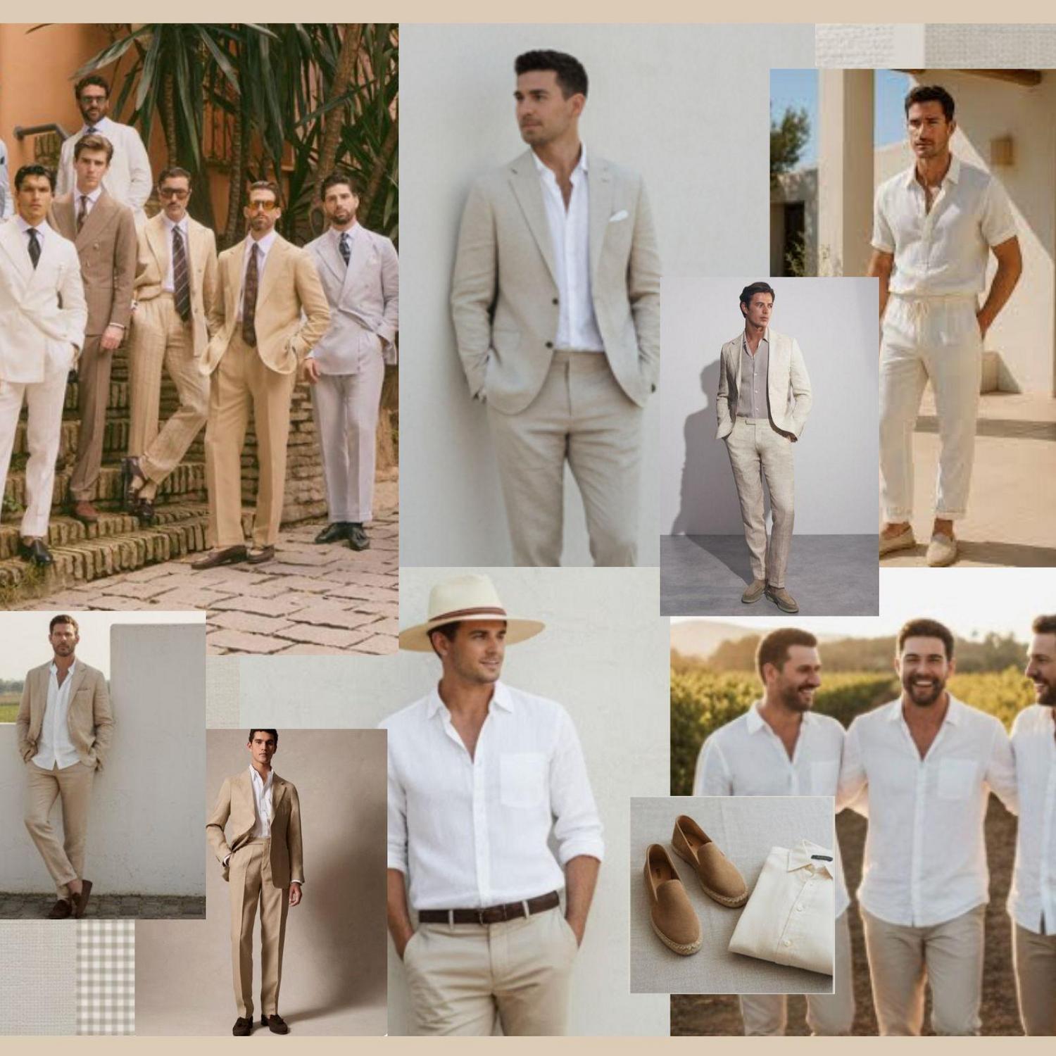 men's inspo - neutrals, khakis and a white shirts, knitted polo, light brown, tan suits, khakis and a button down, maybe a fedora if you're wild!