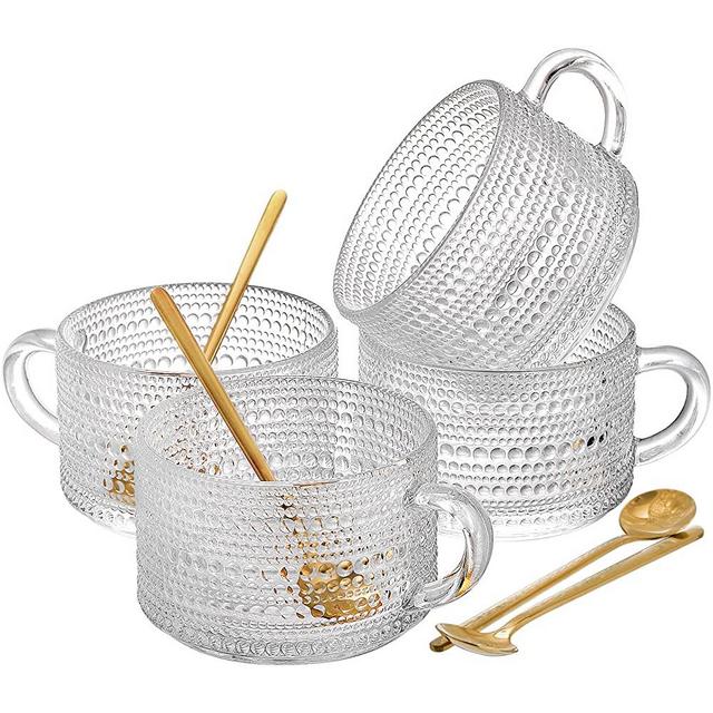 ZOOFOX Set of 4 Glass Coffee Mugs, Clear Glass Cups with Golden Spoons, Vintage Embossed Coffee Cups Set for Latte, Espresso, Cappuccino, Cereal, Yogurt, Tea and Hot Beverage