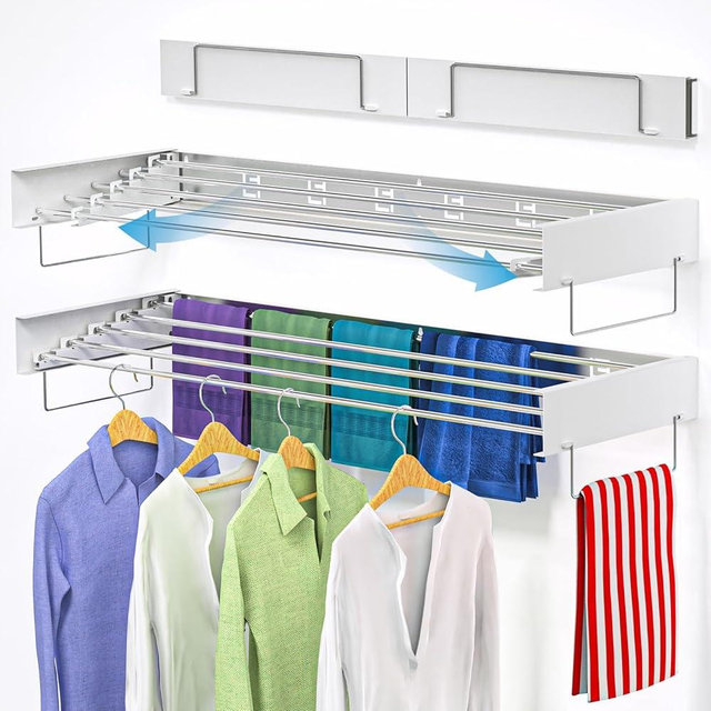 Wall Mounted Drying Rack,Laundry Clothes Drying Rack , Folding,Retractable,Collapsible with 2 Handles and Wall Template for Indoor Outdoor Hanging Clothes, Space Saving,5 Rods, (White 31.5 Inch )