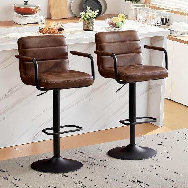 Rishtivin Bar Stools Set of 2, PU Leather Adjustable Height 360° Swivel Barstools with Backrest and Armrests, Counter Height Bar Chairs for Kitchen Island, Bar, Dining Room, Yellowish Brown