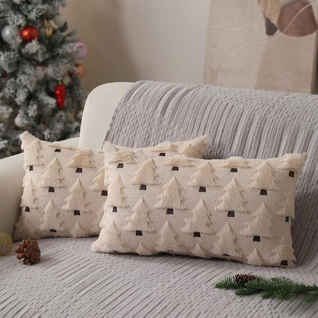Allorry Christmas Pillow Covers 12x20 inch Set of 2 Xmas Decorations Soft Plush Faux Fur Wool Beige Christmas Tree Throw Pillow Cases Winter Holiday Decor for Sofa Living Room PT-002C12
