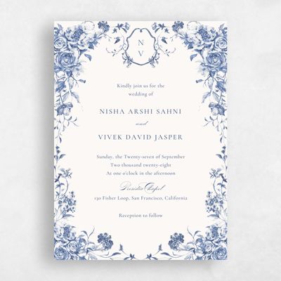 Blue Floral Wedding Invitation - Hattaway Portrait