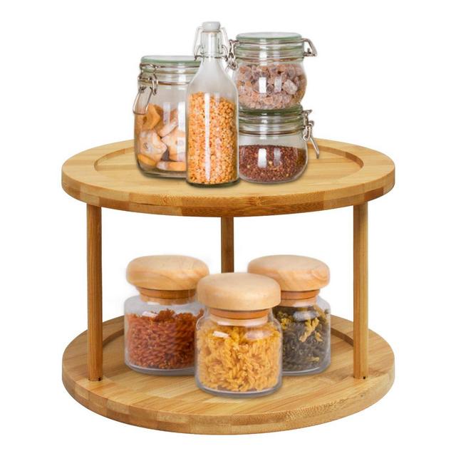 Lazy Susan Turntable Spice Rack - 10 Inch 2-Tier Bamboo Kitchen Countertop Cabinet Rotating Condiments Organizer