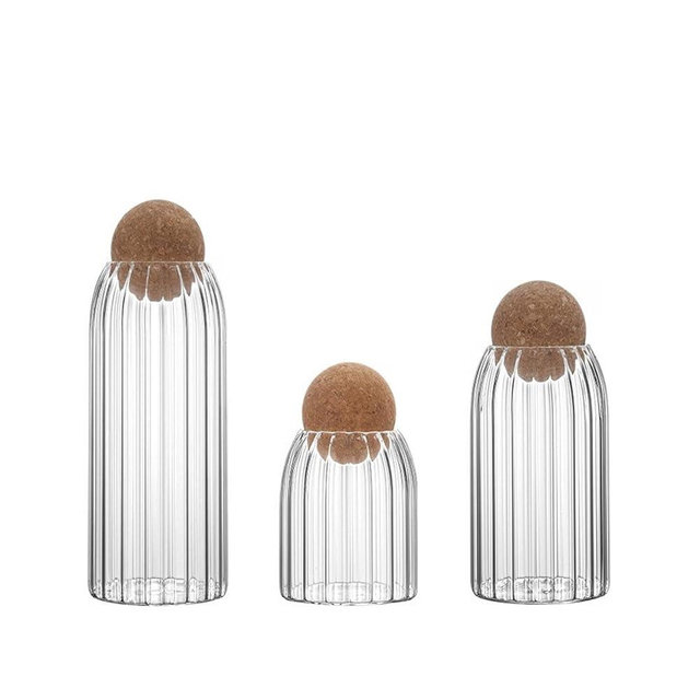 Glass Storage Container with Round Cork Lid, Glass Jars with Cork Lids Set of 3, Vintage Glass Bottles with Wooden Cover Lids, Glass Storage Candy Jars Coffee Canisters for Food Spice Sugar(Stripe)