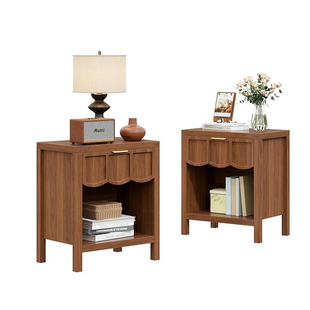 LSKTGA Wood Night Stand with Drawers, Fluted Night Stand Set of 2, Mid Century Small Side Table for Bedroom, Modern Bedside Table for Living Room, Entryway, Walnut