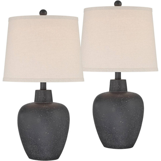360 Lighting Romeo 23 1/2" High Jar Small Modern Coastal Accent Table Lamps Set of 2 Stone Gray Finish Beige Shade Living Room Bedroom Bedside