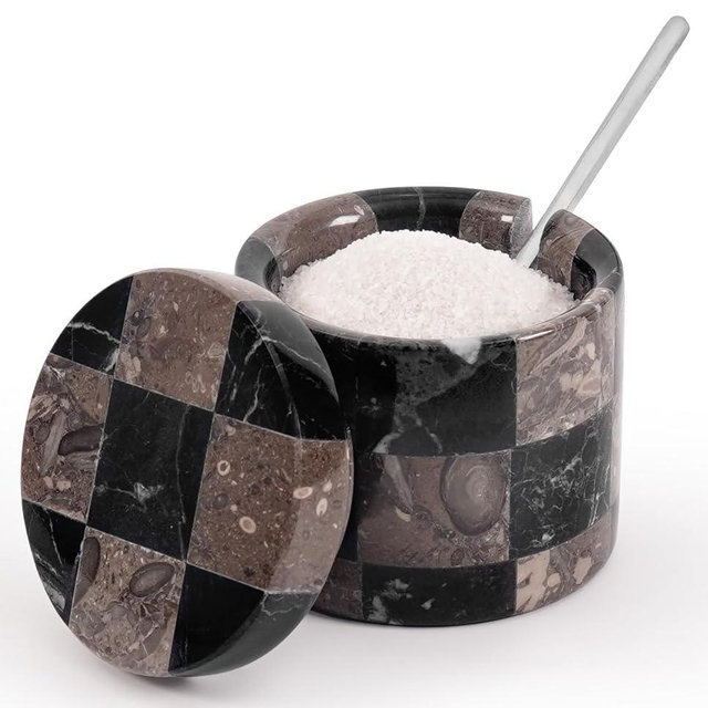 Marble Salt Cellars with Lid and Spoon 3" Black and Oceanic Stone Containers for Kitchen Countertop Storage, Ideal Use For Spice Jars, Sugar Bowl, and Easter Decorations Kitchen