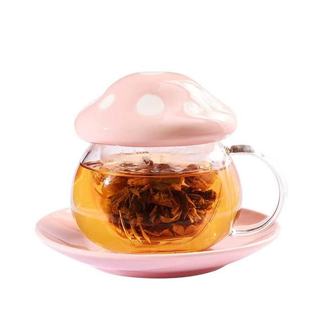 Cute Tea Mug Set Mushroom Teapot Milk Glass Coffee Tea Cups Mugs with Lid and Tray Strainer Filter Infuser (290ML 9.6oz) (pink)