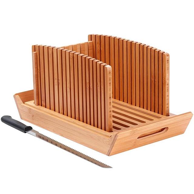 Premium Bamboo Bread Slicer for Homemade Bread, Crumb Catcher, Foldable and Compact Loaf Cutter 3 Size Slicing Guide