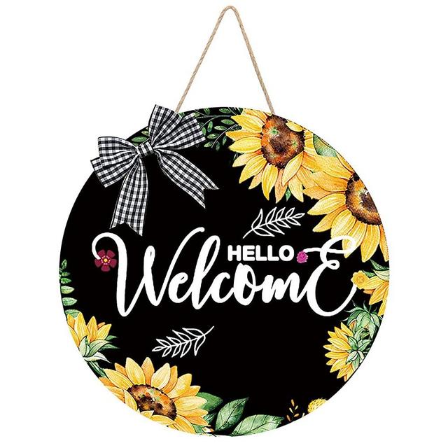 Welcome Sign for Front Door, DIESOTT 12x12 Inches Round Wooden Welcome Home Sign, Rustic Sunflower Decor, Farmhouse Porch Hanging Welcome Sign for Home, Business, Restaurant, Shop, Gift（Blackboard)