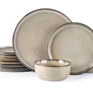 GBHOME Ceramic Dinnerware Sets for 4, 12 Pieces Stoneware Plates and Bowls Sets, Scratch Resistant Dishes, Dishwasher & Microwave Safe, Reactive Glaze