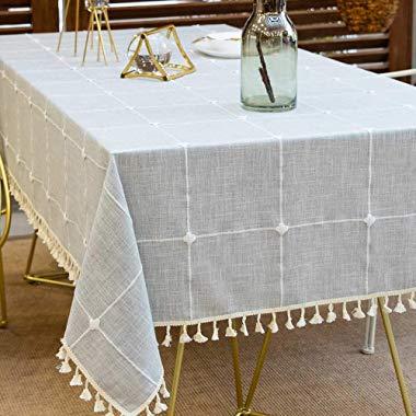 Deep Dream Tablecloths, Embroidered Checkered Table Cloth Cotton Linen Wrinkle Free Anti-Fading Table Cover Decoration for Kitchen Dinning Party, 55 x 86 Inch - Gray