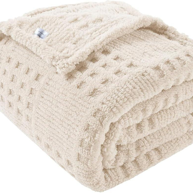 50x70 Inch Waffle Beige Throw Blanket -Fluffy Fleece, Neutral Tan Color, Cute & Aesthetic, Perfect for Sofa, Couch, Chair, Bed, Living Room & Bedroom, All-Season Use, Plush & Cozy Decorative Blanket