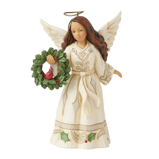 Enesco Jim Shore Heartwood Creek White Woodland Angel Holding a Cardinal Wreath Figurine, 5.31 Inch, Multicolor
