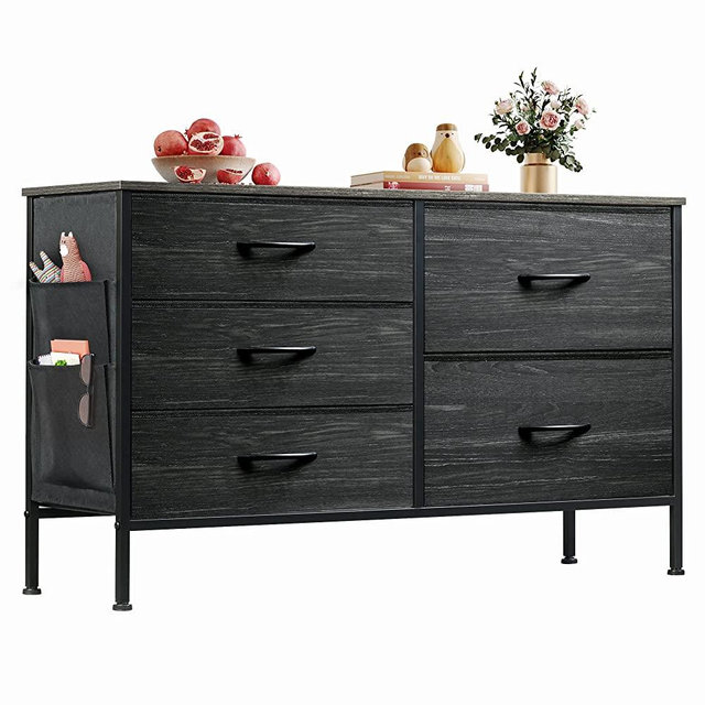 WLIVE Dresser for Bedroom with 5 Drawers, Wide Bedroom Dresser with Drawer Organizer and Side Pockets, Chest of Drawers, Fabric Dresser for Closet, Hallway, Nursery, Charcoal Black Wood Grain Print
