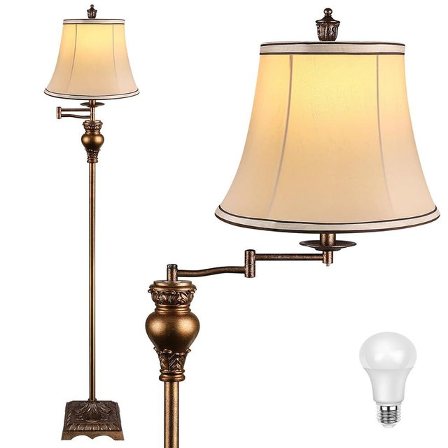 PARTPHONER Vintage Floor Lamps for Living Room,Traditional 350° Adjustable Swing Arm Farmhouse Floor Lamp for Bedroom, Rustic Standing Lamp Pole Lamps for Reading, Home Décor and Office,Bronze Gold