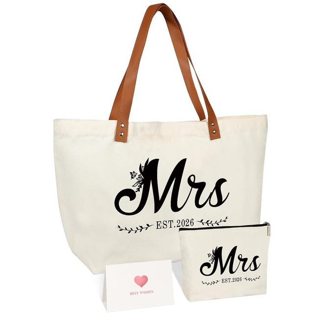 Vanqruo Mrs EST.2026 Bride Canvas Tote Bag, Wedding Gifts for Bridal Shower Bachelorette Party Engagement Honeymoon, Miss to Mrs, Bride to Be Gifts