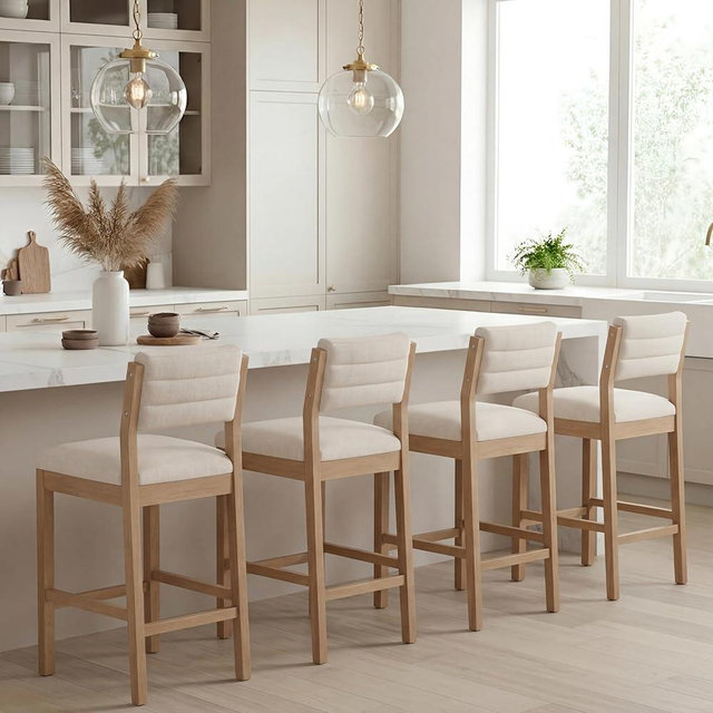 RIVOVA 26" Bar Stools Set of 4 Counter Height Bar Stools for Kitchen Counter, Modern Upholstered Barstools with Back and Wood Legs Linen Stools Farmhouse Island Chairs, Beige