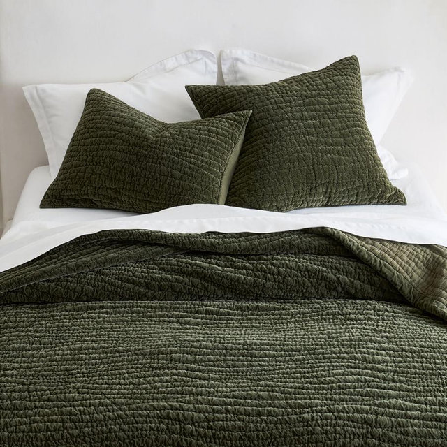 Washed Velvet Handcrafted Quilt, Loden, King/Cal. King