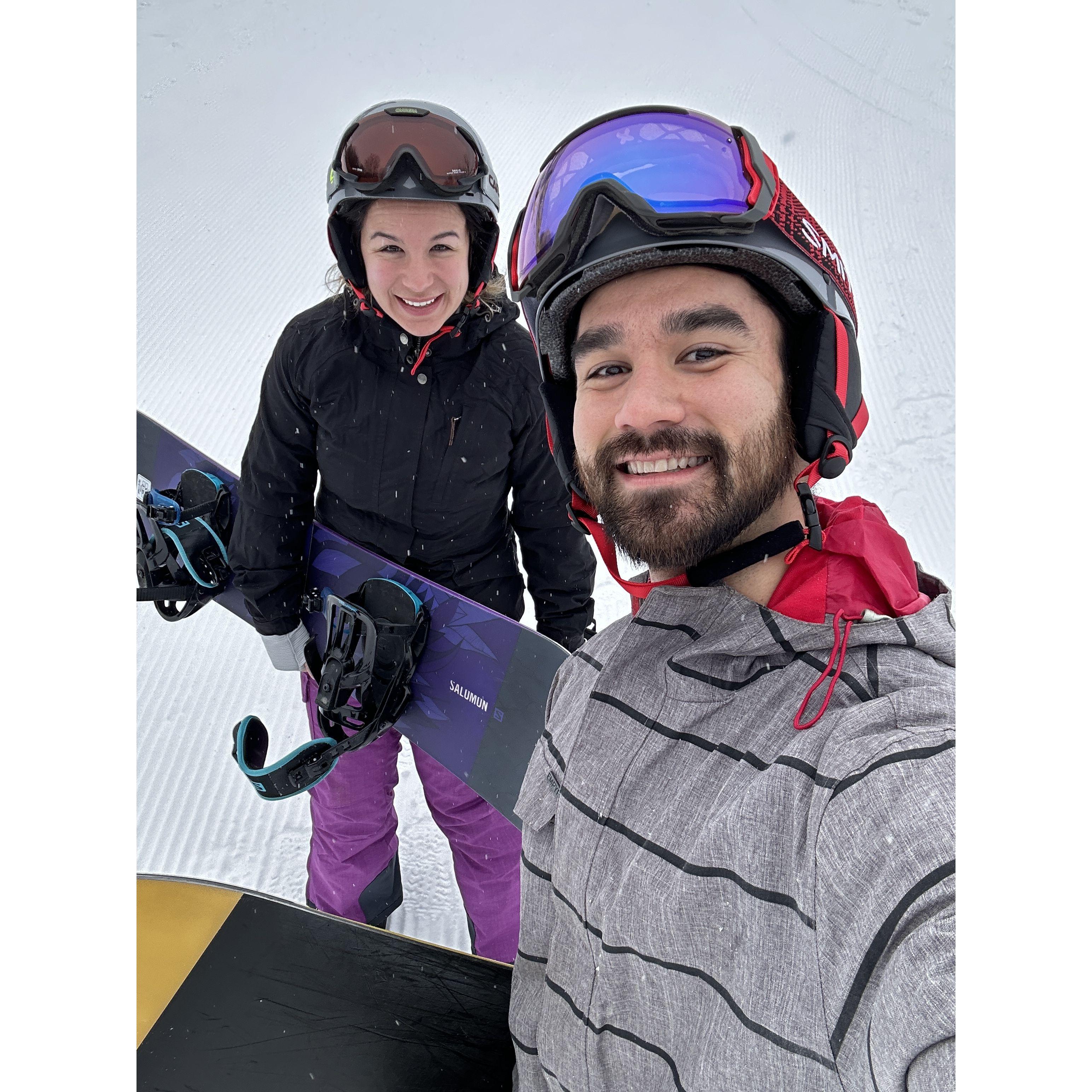 Sean teaching Erin how to snowboard - and bruise her butt in the process.