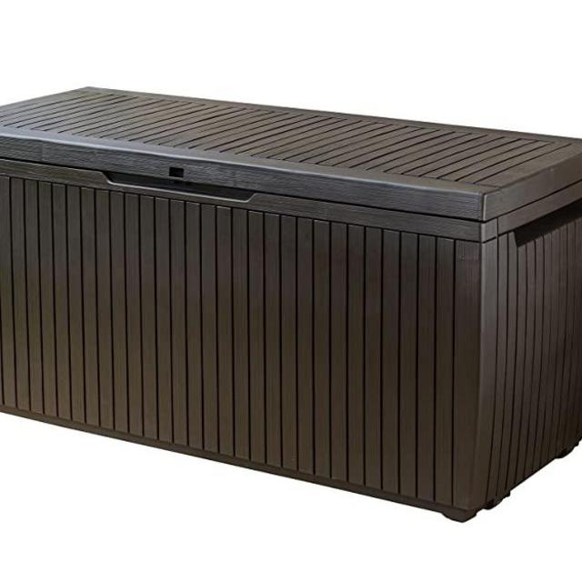 Keter Springwood 80 Gallon Resin Outdoor Storage Box for Patio Furniture Cushions, Pool Toys, and Garden Tools with Handles, Brown