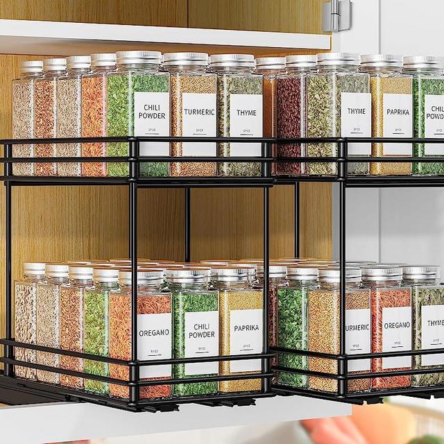 Kitsure Spice Rack Organizer for Cabinet - 2 Packs, Easy-to-Install Pull Out Spice Cabinet Organizers, 5.9''Wx10.23''Dx9''H Slide Out Spice Racks, Double Layer(Jars Not Included)