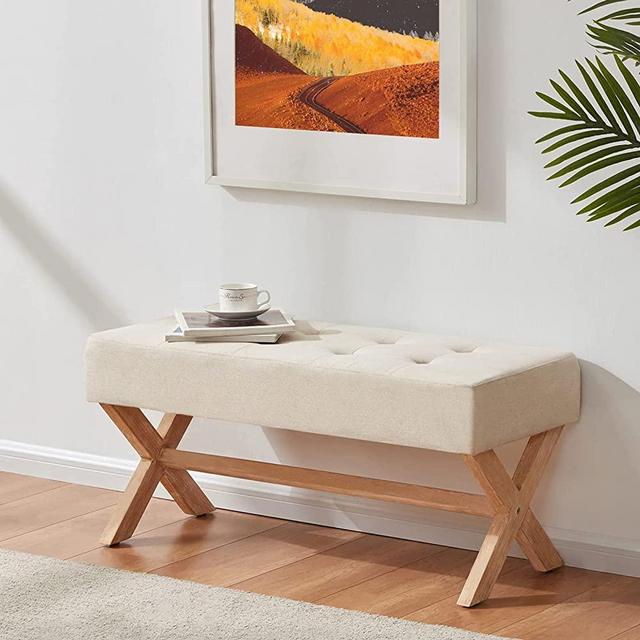 HUIMO 35-inch Entryway Bench, Upholstered End of Bed Bench for Living Room, Bedroom. Dinning Bench Seat with X-Shaped Legs for Kitchen, Solid Wood Indoor Bench for Foyer, Hallway (Beige)