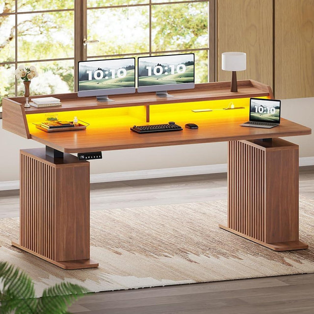 SEDETA Standing Desk with Storage, 55" Fluted Stand Up Desk with Power Outlets and LED Lights, Height-Adjustable Table with Monitor Shelf for Home Office & Gaming, Brown