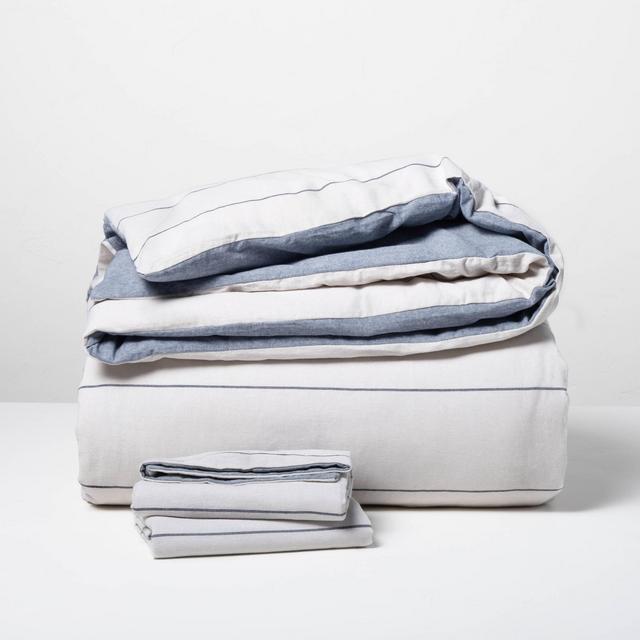 3pc Full/Queen Stripe with Chambray Backing Duvet & Sham Set Faded Blue - Hearth & Hand™ with Magnolia