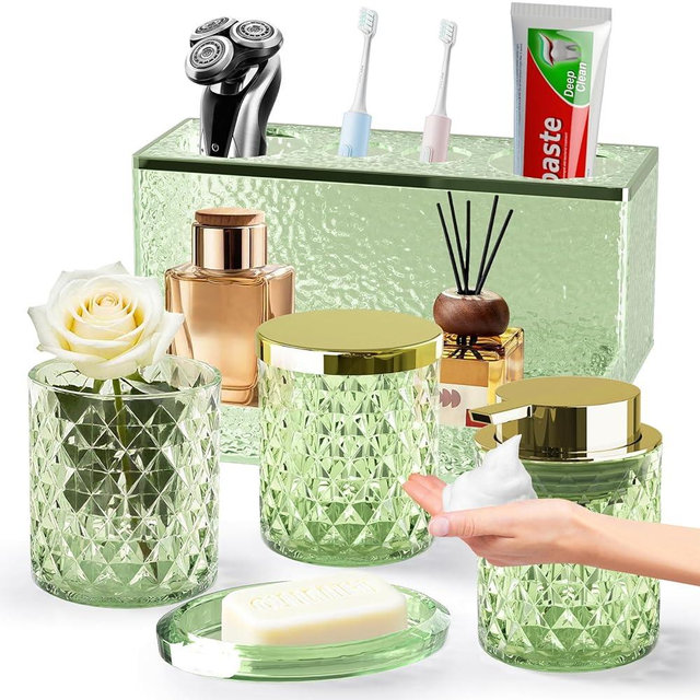 Glass Bathroom Accessories Set 5Pcs Crystal - Foaming Soap Dispenser, Soap Dish, Cup, Acrylic Toothbrush Holder with Tray Organizer, Qtip Jar, Bathroom Counter Set Sink Decor (Green)
