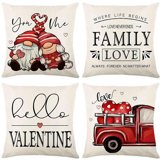 Flyart Valentines Day Pillow Covers 18x18 Inch, Valentine Love Forever Gnome Red Truck Throw Pillow Covers, Holiday Anniversary Wedding Cushion Case Decoration for Couch Sofa Home Decorations Set of 4