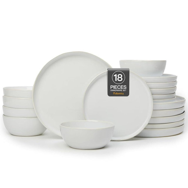 FOBENTA 18-Piece Fog White Ceramic Plates and Bowls Set,Minimalist Dinnerware Sets for 6 – Artful Dish Set for Serene Dining & Everyday Aesthetic
