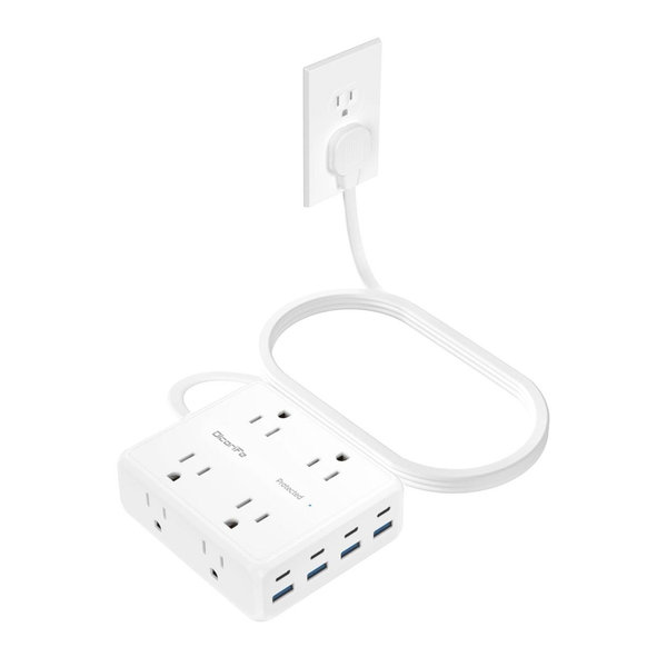Flat Extension Cord with Outlet Cover, Olcorife Flat Plug Power Strip with 8 Outlets and 4 USB Ports, 2000 Joules Surge Protector, 10 FT Cord Hidden Outlet Extender for Tight Spaces