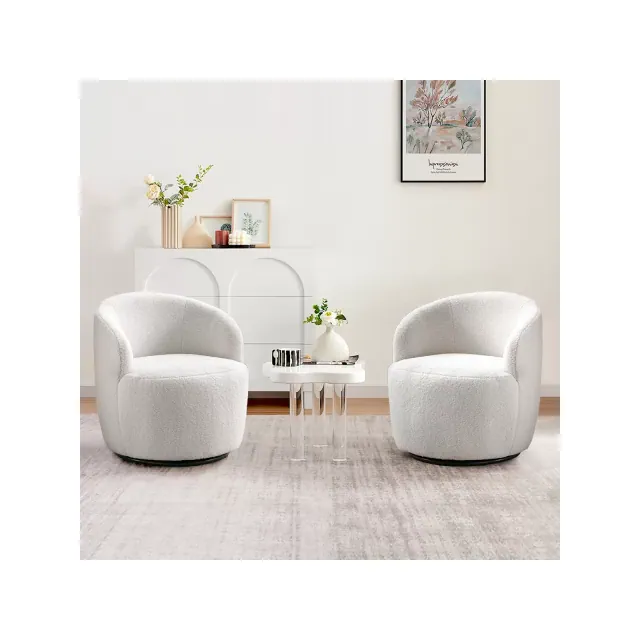 Fannie Set Of 2 Teddy Swivel Chair,25.60'' Wide Small Size Teddy Accent Chairs,White Upholstered 360° Swivel Barrel Chair-The Pop Home
