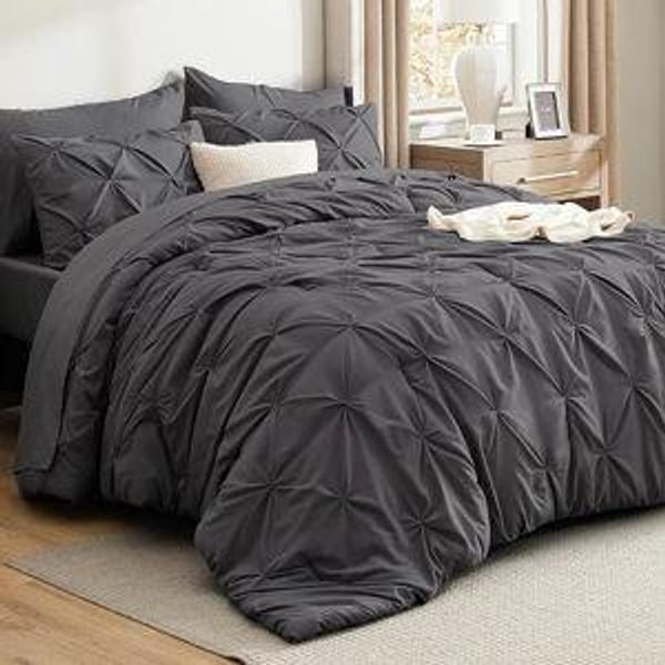 Bedsure King Size Comforter Set Dark Grey - Bed in a Bag King Size 7 Pieces, GentleSoft™ Pintuck Bed Set Gift for Family, Pinch Pleat Dark Grey Comforter with Sheets, Pillowcases & Shams