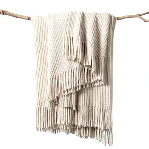 lifein White Throw Blanket for Couch - Soft Knitted Farmhouse Chenille Boho Throw,Cozy Knit Small Lightweight Blanket&Throws with Tassels for Home Decor,Bed,Chair,Sofa,Spring(Cream/White,60 * 80in)