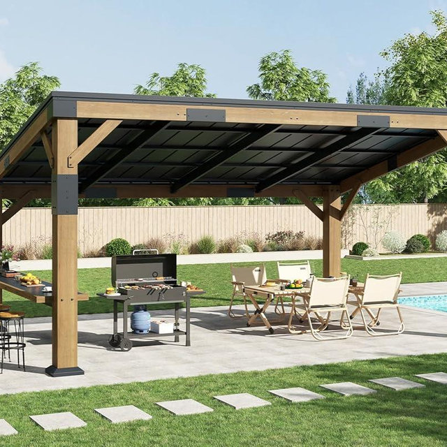 AMERLIFE 10x14 FT Spruce Wood Grill Gazebo with Bar Shelf, Hardtop BBQ Pavilion with Sloped Galvanized Steel Roof, Lean-to Outdoor Pergola for Deck, Backyard, Garden
