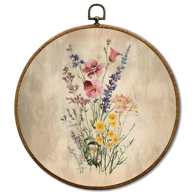 JUIOEIU Vintage Floral Round Wall Decor, Cottagecore Wildflower Flower Aesthetic Framed Canvas Prints, Retro Floral Wall Art Hanging Decorations for Home Bedroom Living Room Decor, 10x10in