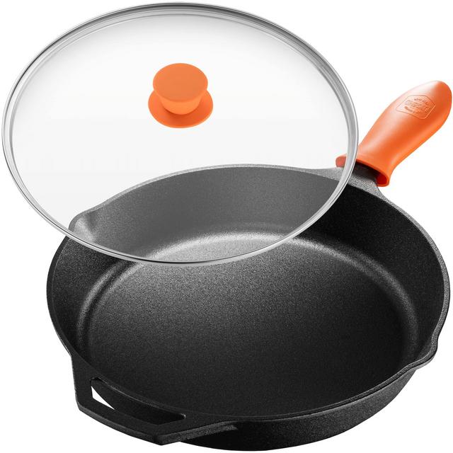 Legend Cast Iron Skillet with Lid | Large 12” Frying Pan with Glass Lid Silicone Handle for Oven, Induction, Cooking, Pizza, Sautéing Grilling | Lightly Pre-Seasoned Cookware Gets Better with Use