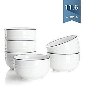 Sweese 11.6-Ounce Porcelain Bowls for Ice Cream Dessert, Snacks, and Fruit - Set of 6, Blue Trim, White