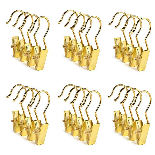 Amber Home 24 PCS Gold Metal Clips with Hooks, Boot Hangers for Closet, Clothes Pins, Portable Home Travel Hangers, Drying Laundry Single Hooks with Clip for Hat, Bras, Socks, Towels (Gold, 24 PCS)