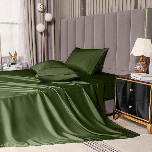 MCO Bedding Queen Bed Sheets Set - Bamboo Sheets - Cooling Breathable Bedding Set with 16" Deep Pocket (4 Pieces, Queen, Grass Green)