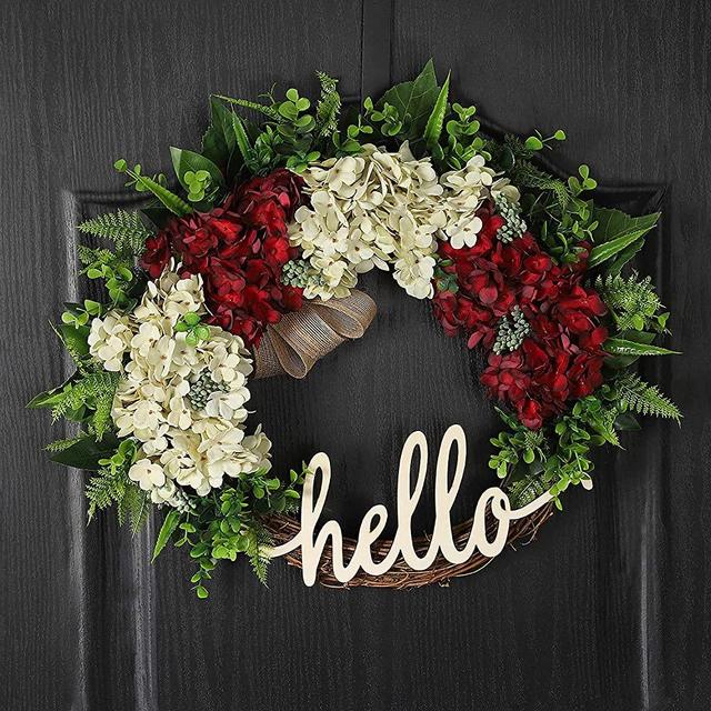 QUNWREATH Spring Wreath for Front Door Summer Wreath 18 Inch Hydrangea Wreath Hello Wreath Farmhouse Wreath Handmade Wreath (Red White)