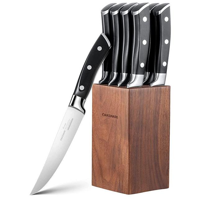 OAKSWARE Steak Knives Set of 8 with Walnut Block, 5 inch Non Serrated Steak Knife Set, 8 Pieces Straight Edge Kitchen Steak Knives - Forged German Steel - Full Tang Handle