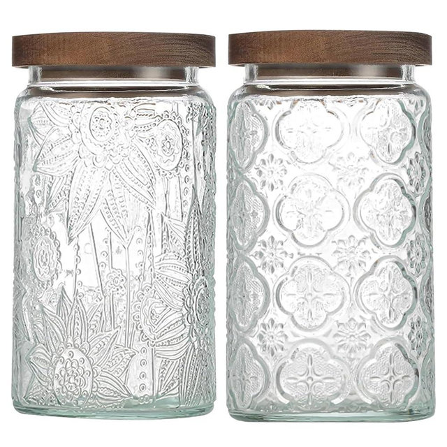 34 OZ Airtight Glass Storage Jar with Bamboo Lid - Vintage Glass Jar Vintage Food Containers Canisters Set for Kitchen Counter & Pantry - Ideal for Sugar, Flour, Coffee, Tea, Candy, Oats -2 Pack