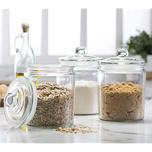3pc Canister Sets for Kitchen Counter + Labels & Marker - Glass Cookie Jars with Airtight Lids - Food Storage Containers with Lids Airtight for Pantry - Flour, Sugar, Coffee, Cookies, etc.