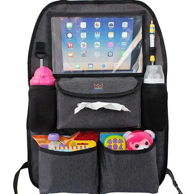 Backseat Car Organizer for Kids Toys & Baby Wipes with X-Large iPad Tablet Holder + BONUS HOOK, Luxury durable fabric, plenty of storage, firm fit, easy to install, kick mat protector for back of seat