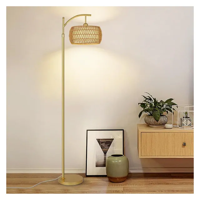 GDFStudio Natalya Farmhouse Arc Floor Lamp with 3 Color Temperature LED and Double Drum Shade, Gold