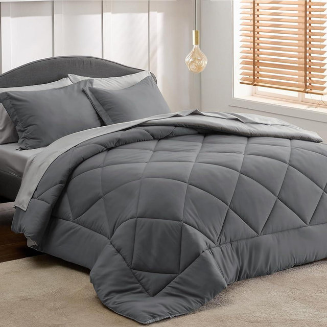 Bedsure Dark Grey Queen Comforter Set - 7 Pieces Reversible Queen Bed in a Bag, Queen Bed Set Dark Grey with Comforters, Sheets, Pillowcases & Shams