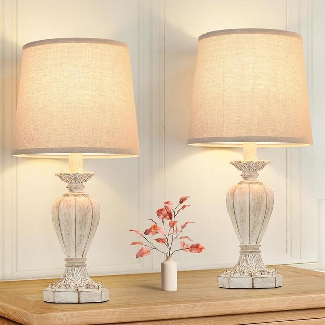 Table Lamps for Bedrooms Set of 2, Farmhouse Table Lamps with Cream Fabric Shade, Traditional Carved Floral Resin Bedside Table Lamps for Living Room, Vintage Night Light for Side Nightstand Office